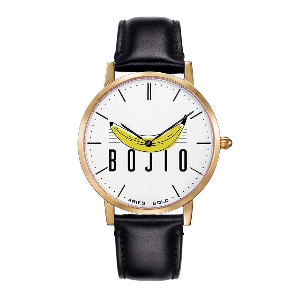 ARIES GOLD CUSTOMISED GOLD STAINLESS WATCH -  BOJIO WHITE UNISEX LEATHER STRAP WATCH