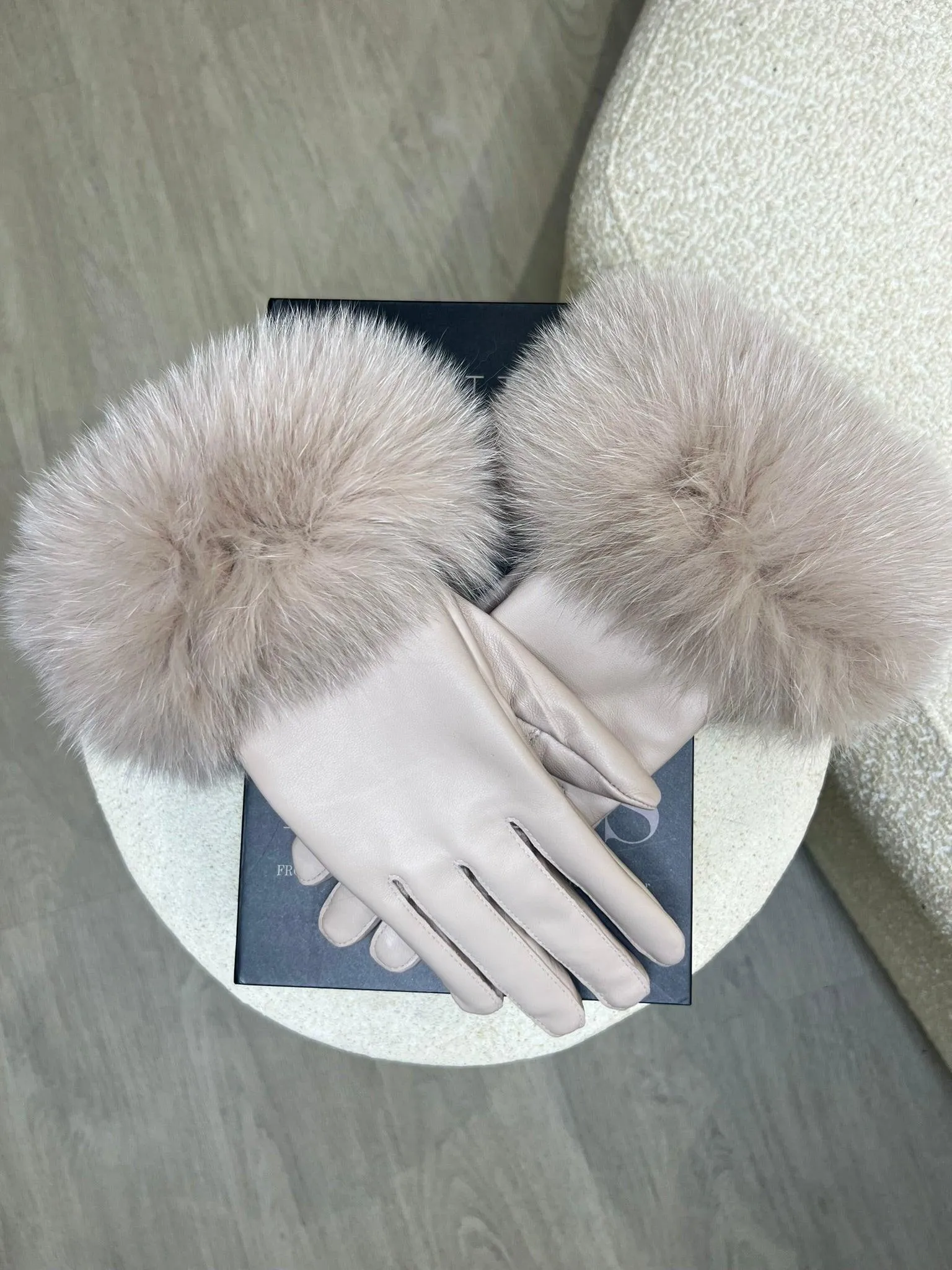 Beige Luxury Fur Leather Gloves