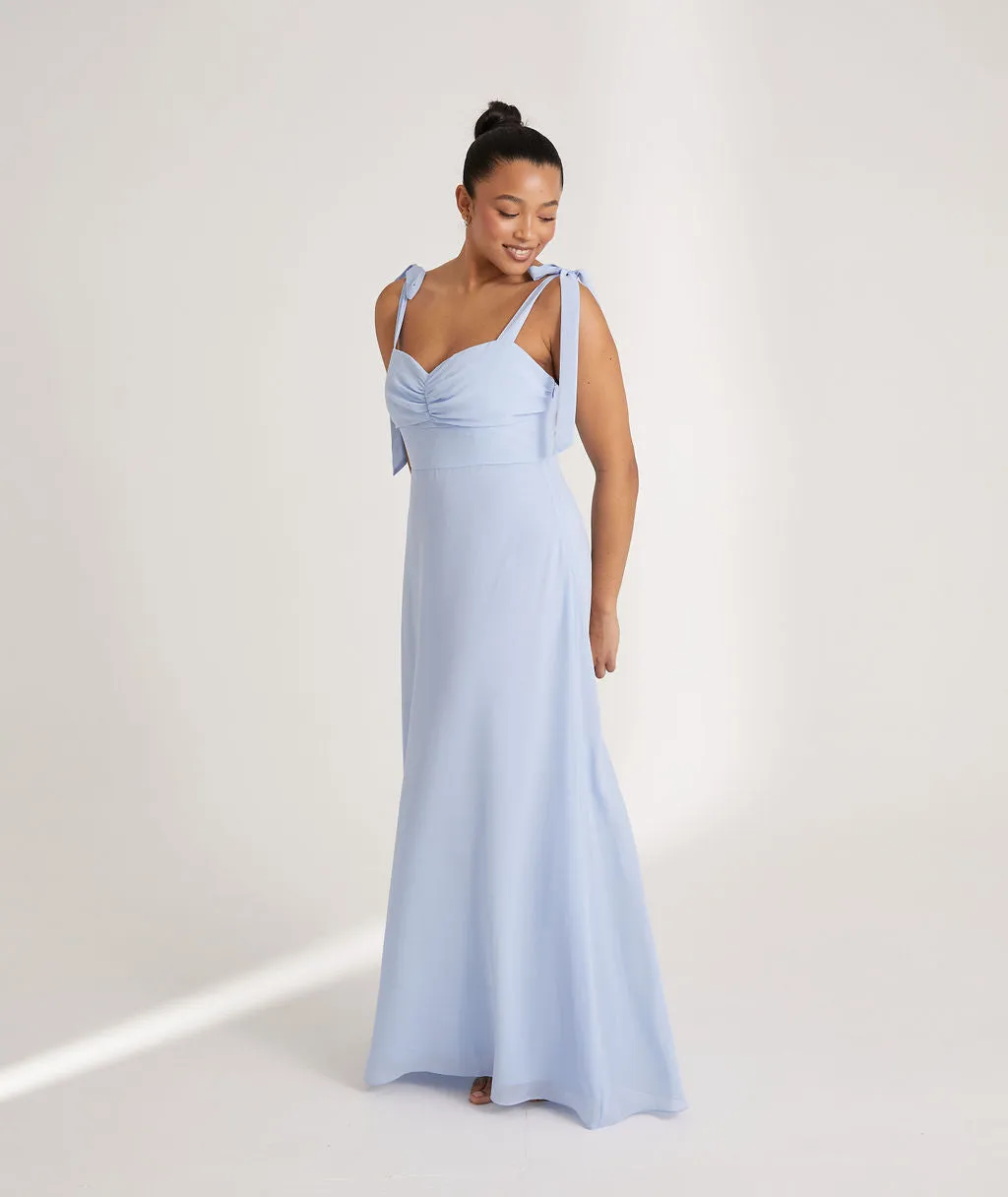 Bow Tie Shoulder Chiffon Bridesmaid Dress - Cornflower Blue