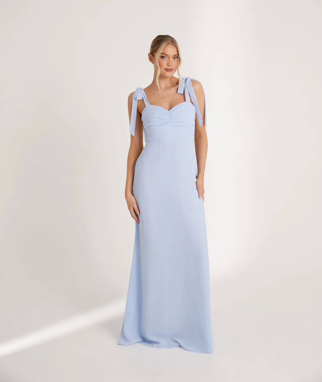 Bow Tie Shoulder Chiffon Bridesmaid Dress - Cornflower Blue