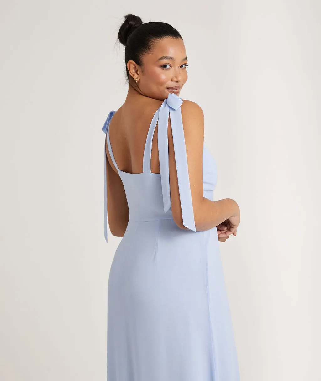 Bow Tie Shoulder Chiffon Bridesmaid Dress - Cornflower Blue