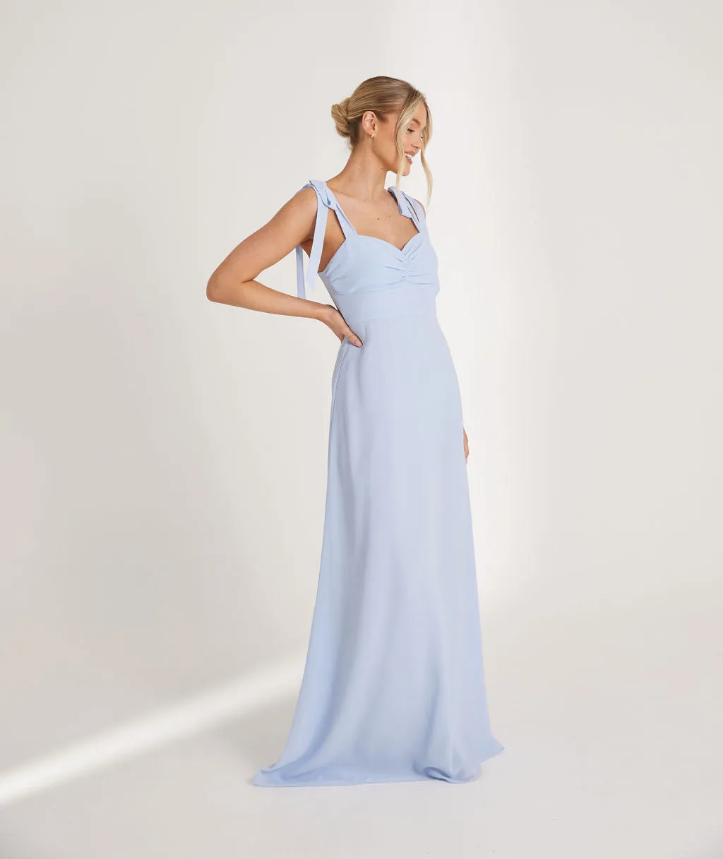 Bow Tie Shoulder Chiffon Bridesmaid Dress - Cornflower Blue