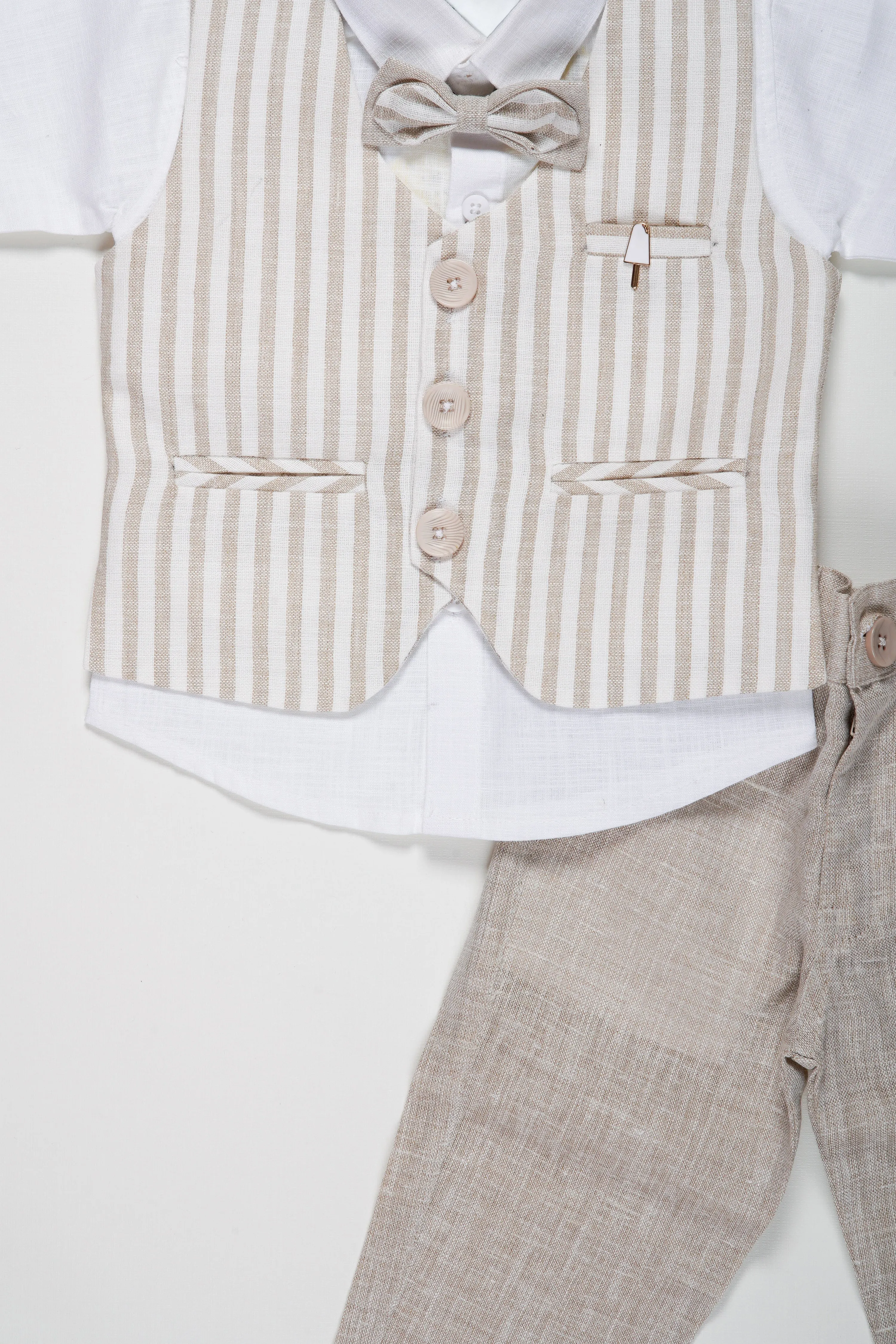 Boys Sophisticated Linen Blend Suit Set with Striped Vest and Bow Tie