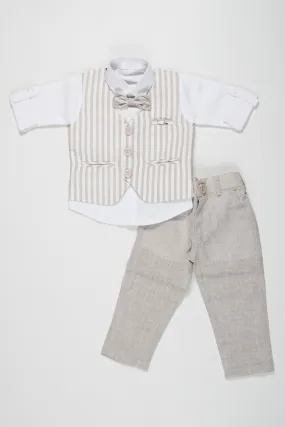 Boys Sophisticated Linen Blend Suit Set with Striped Vest and Bow Tie