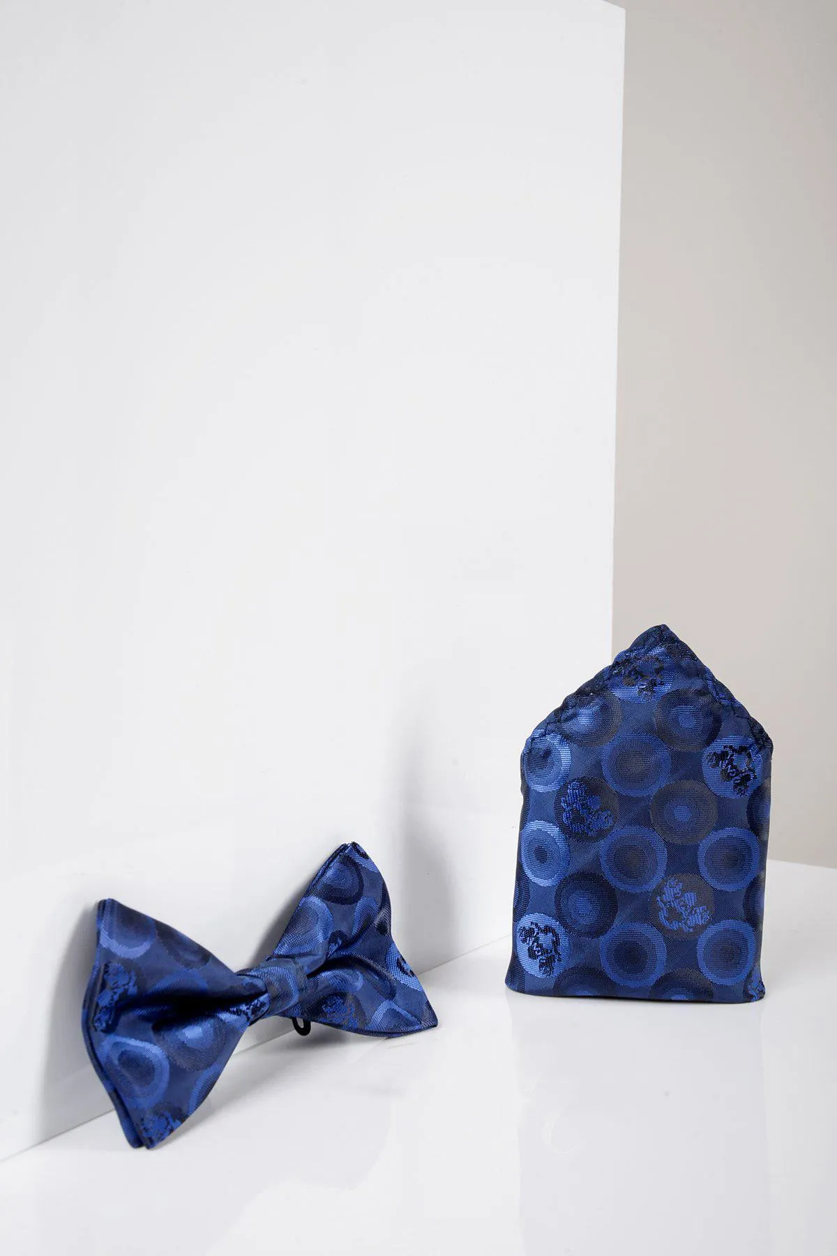 BUBBLES - Navy Bubble Circle Print Bow Tie and Pocket Square Set