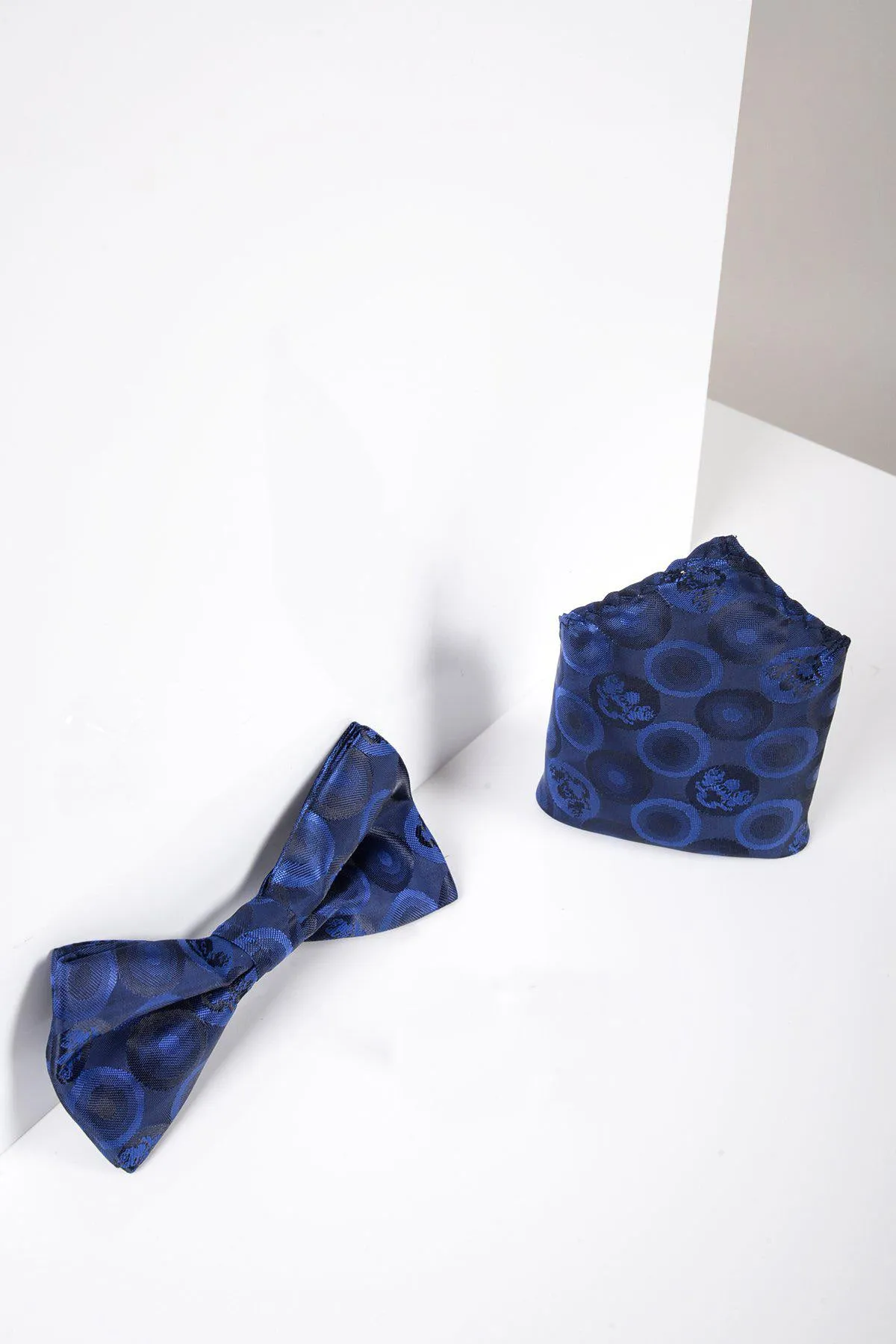 BUBBLES - Navy Bubble Circle Print Bow Tie and Pocket Square Set