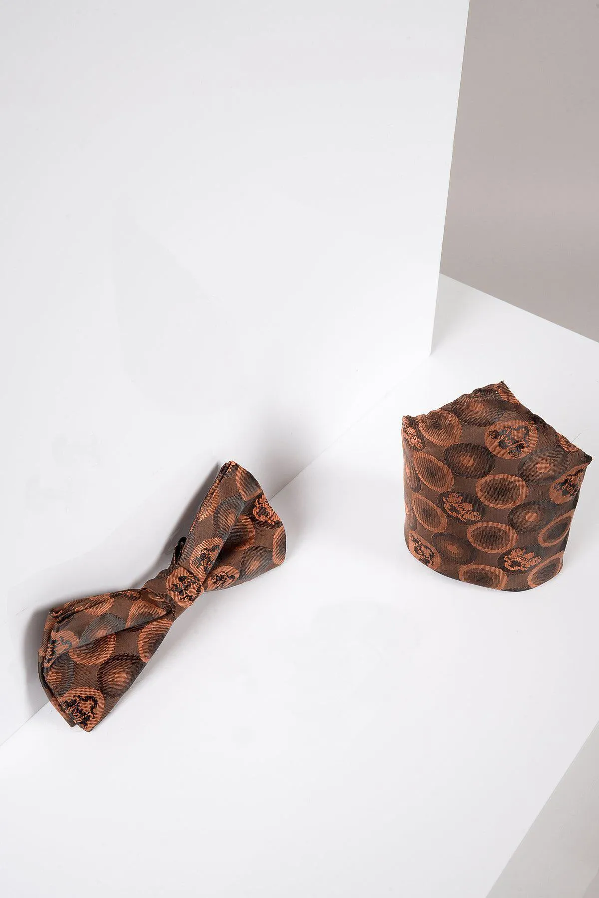 BUBBLES - Orange Brown Bubble Circle Print Bow Tie and Pocket Square Set