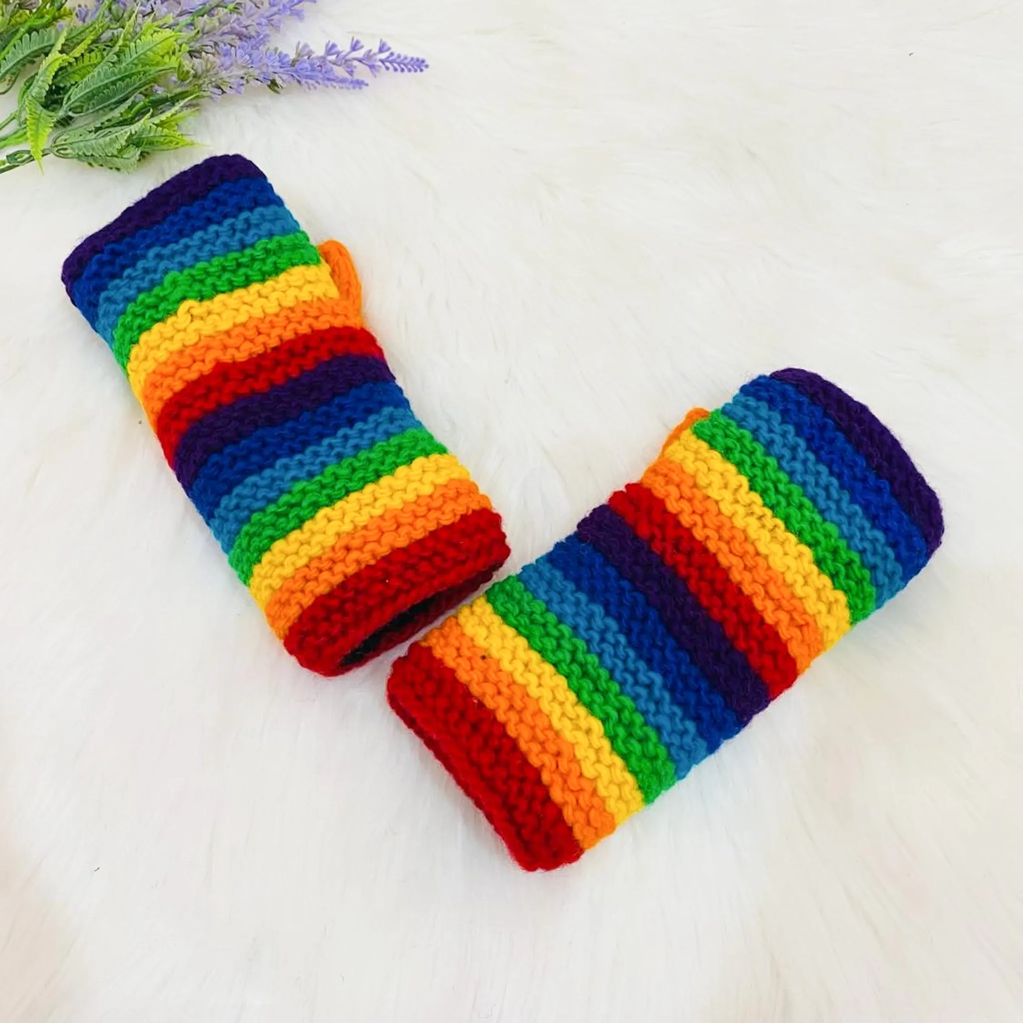 Hand Knitted Rainbow Fingerless Gloves