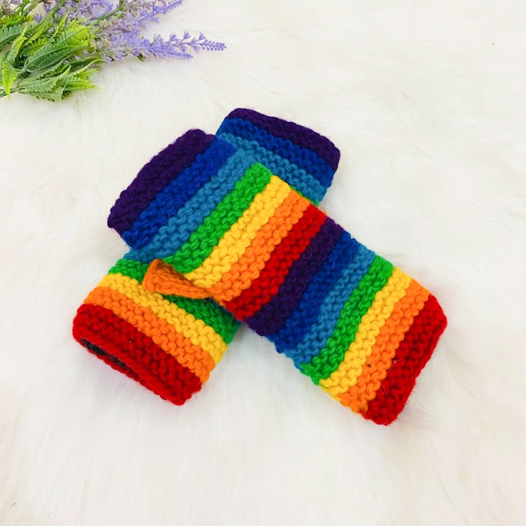 Hand Knitted Rainbow Fingerless Gloves