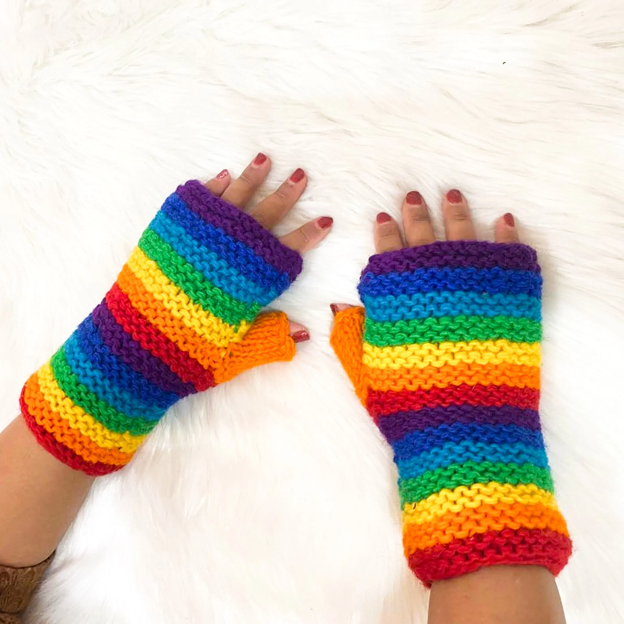 Hand Knitted Rainbow Fingerless Gloves