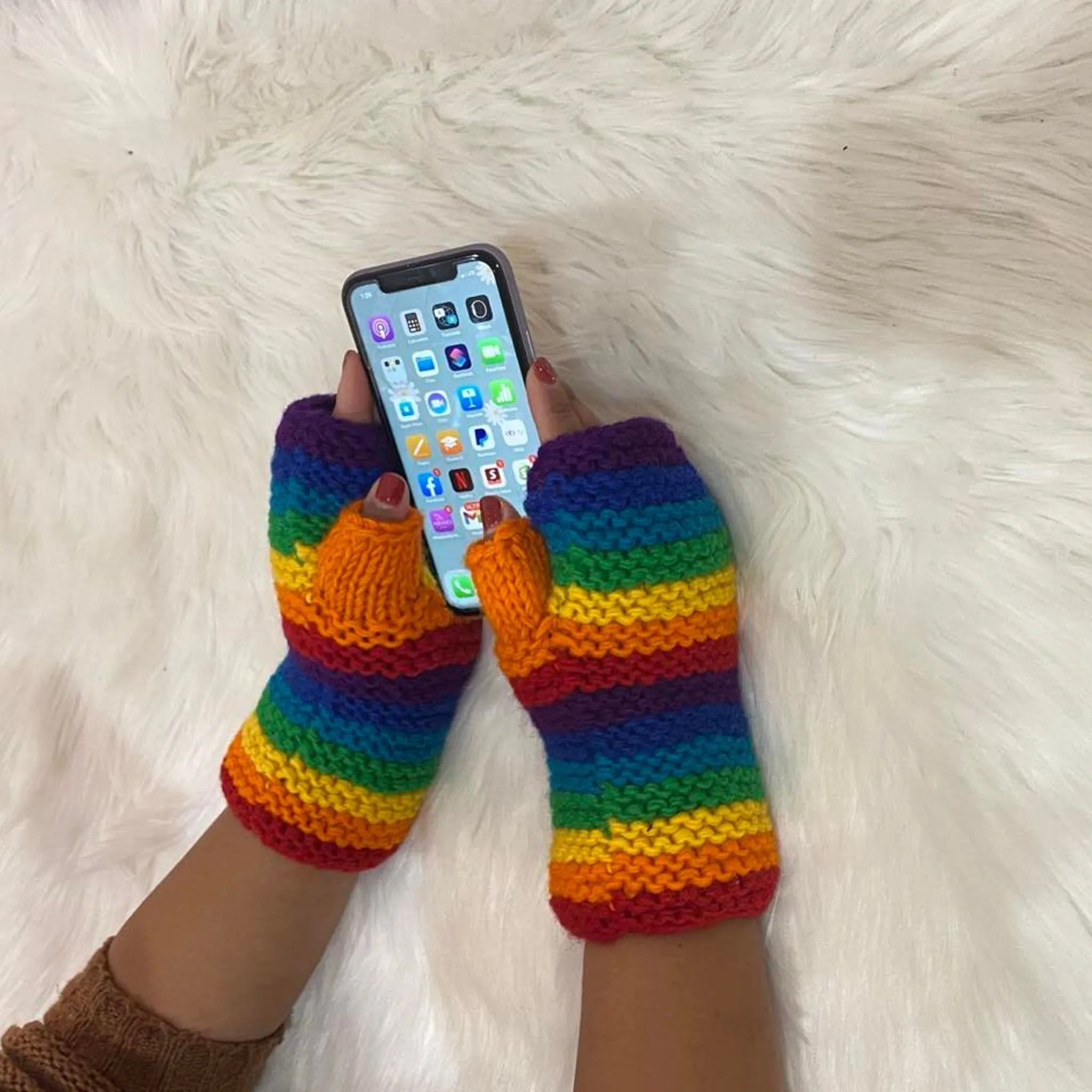 Hand Knitted Rainbow Fingerless Gloves