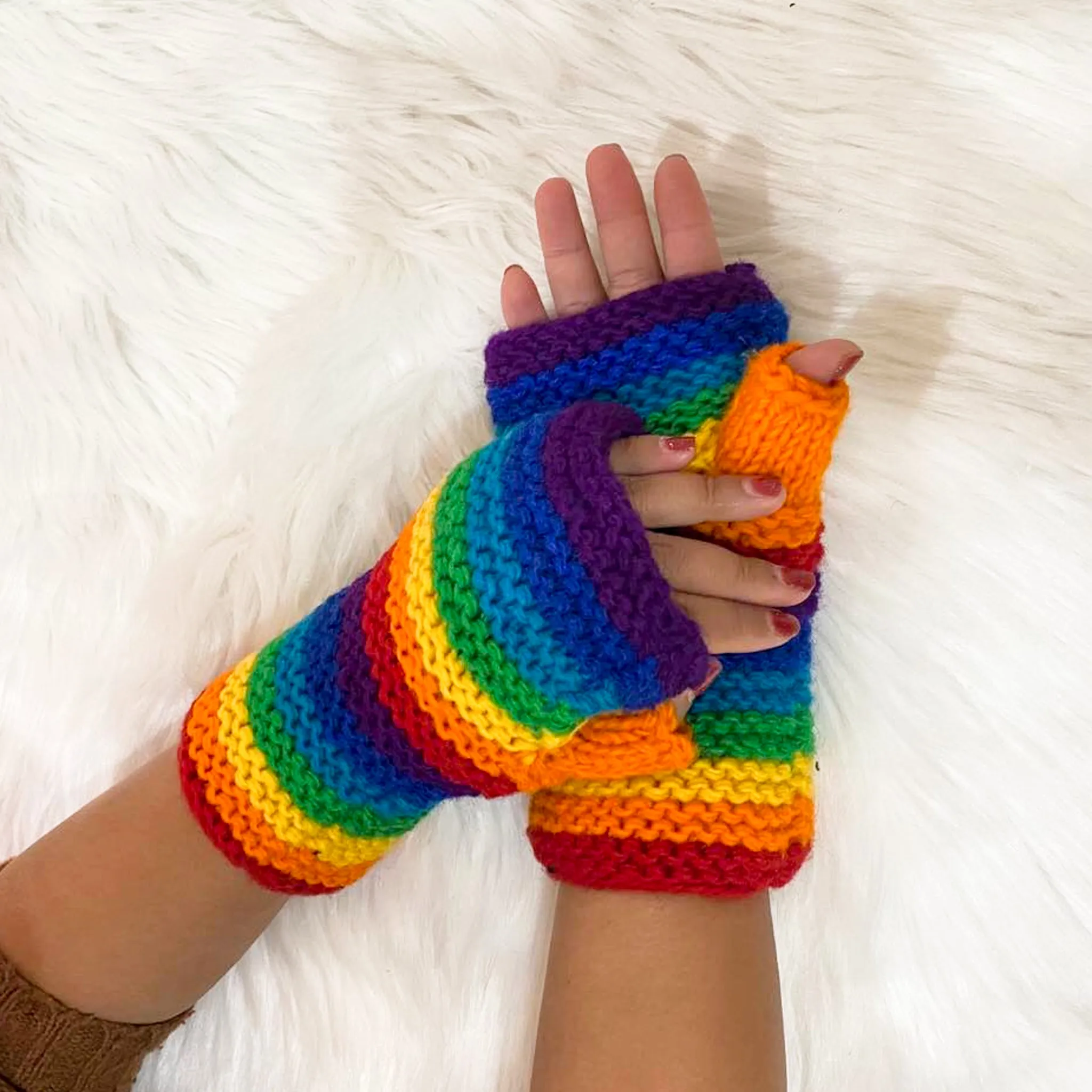 Hand Knitted Rainbow Fingerless Gloves