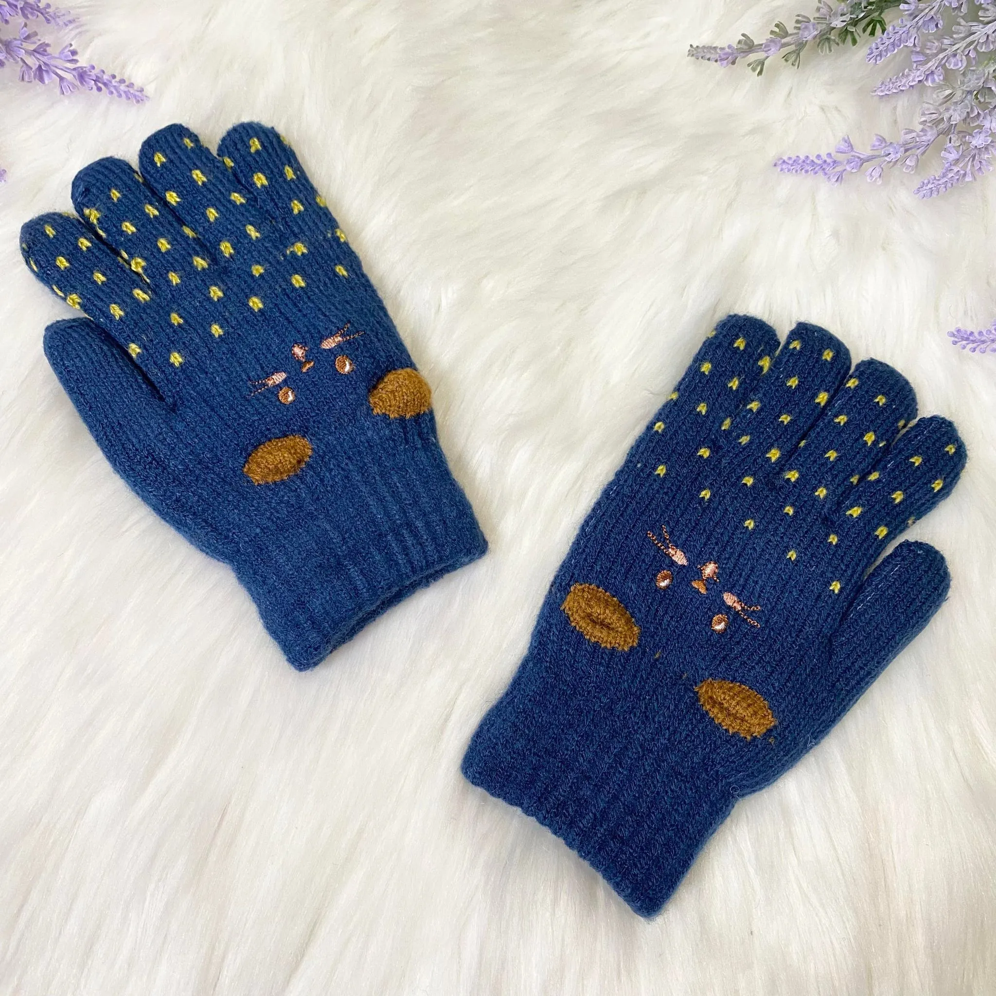 Kids Fleece Lined Knit Cat Design  Gloves