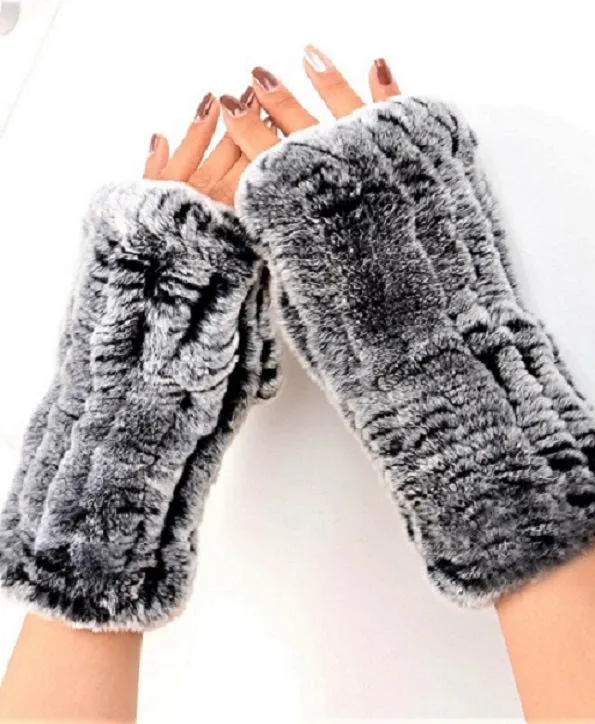 Knitted rex rabbit finger-less gloves