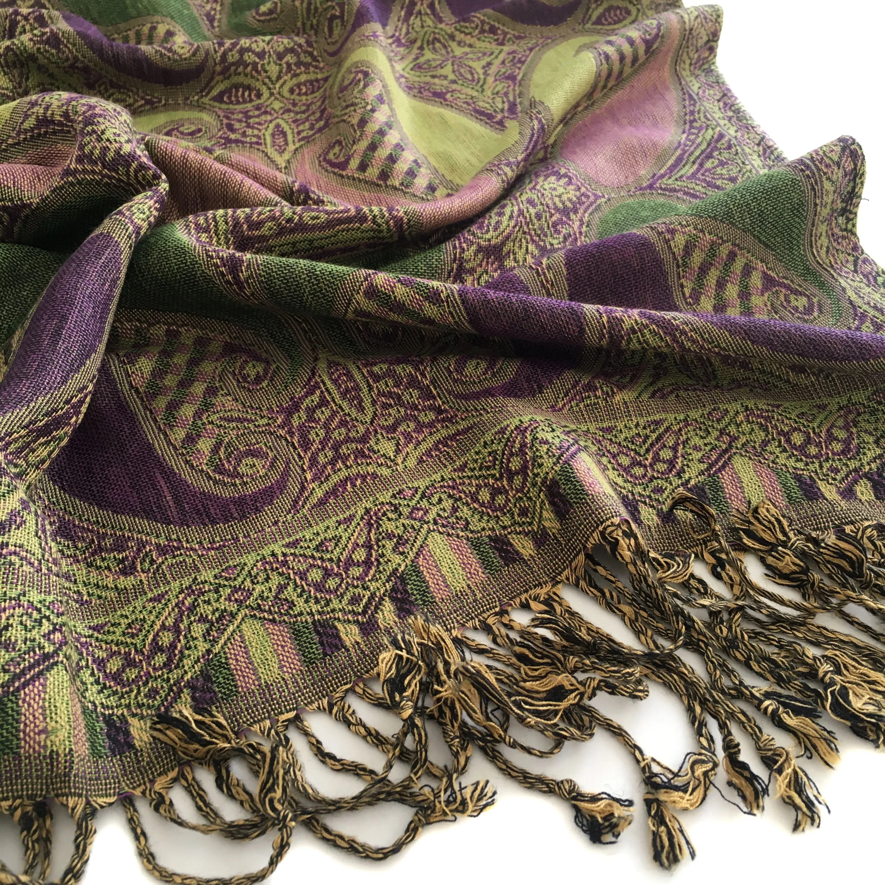 LARGE PURPLE GINGHAM PAISLEY PRINT REVERSIBLE PASHMINA SHAWL SCARF