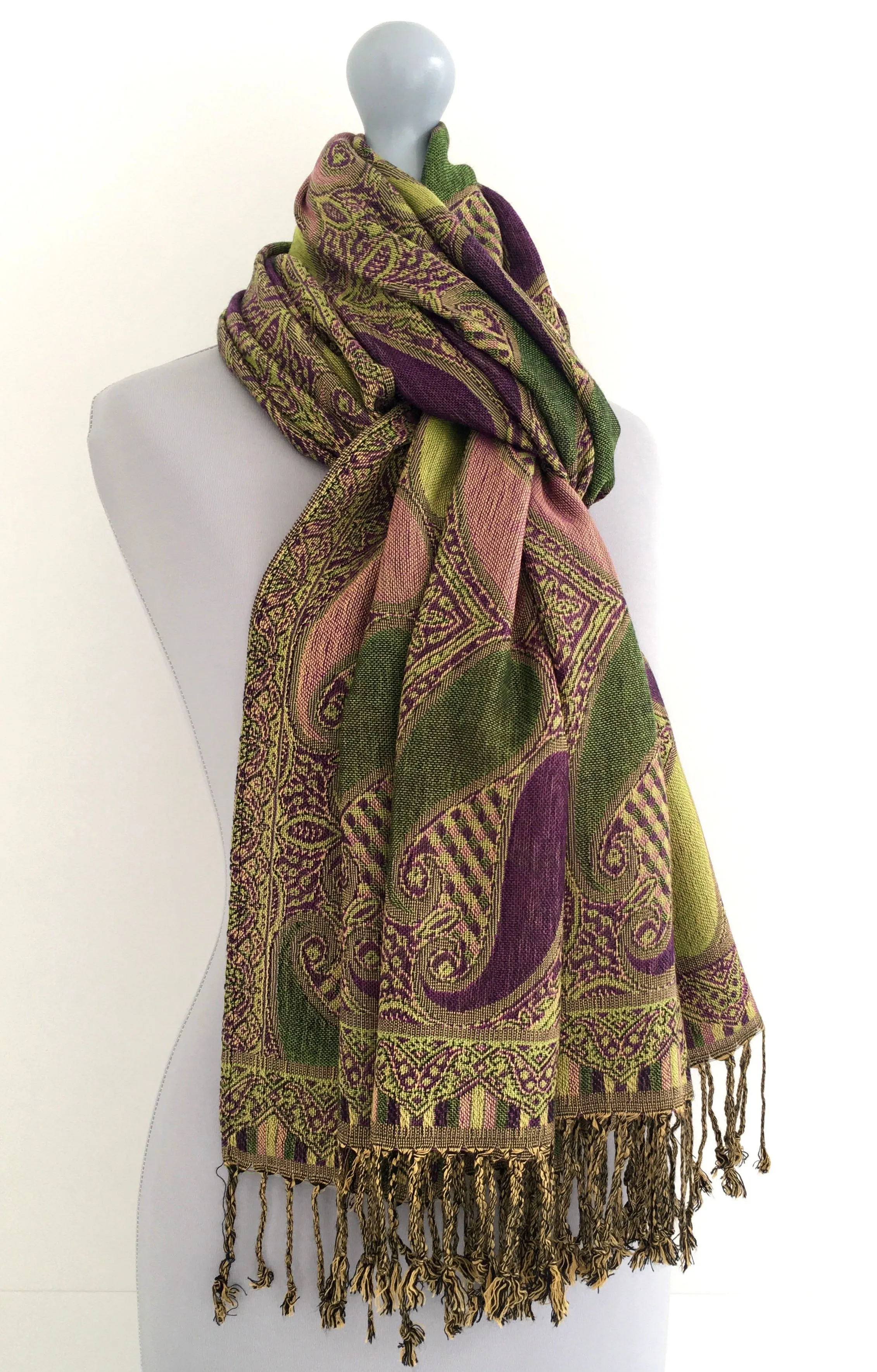 LARGE PURPLE GINGHAM PAISLEY PRINT REVERSIBLE PASHMINA SHAWL SCARF