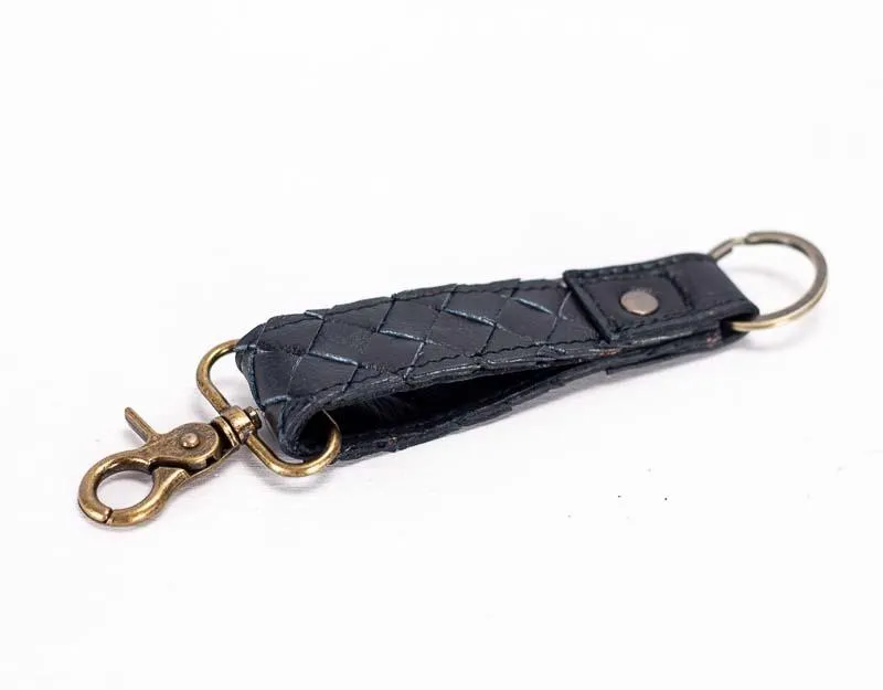 Leather handwoven keyring with clip - Black