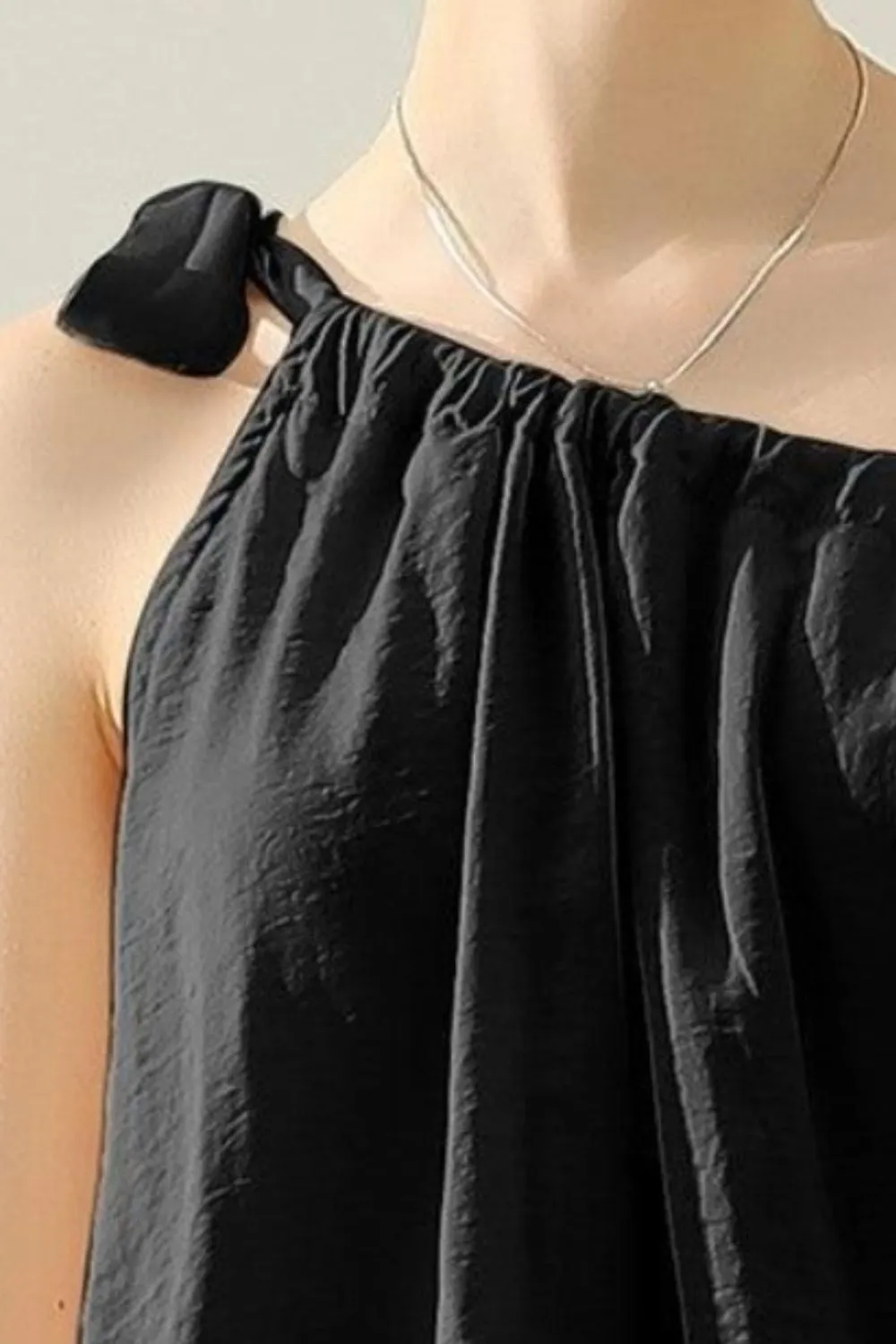 One Shoulder Bow Tie Strap Satin Silk Top