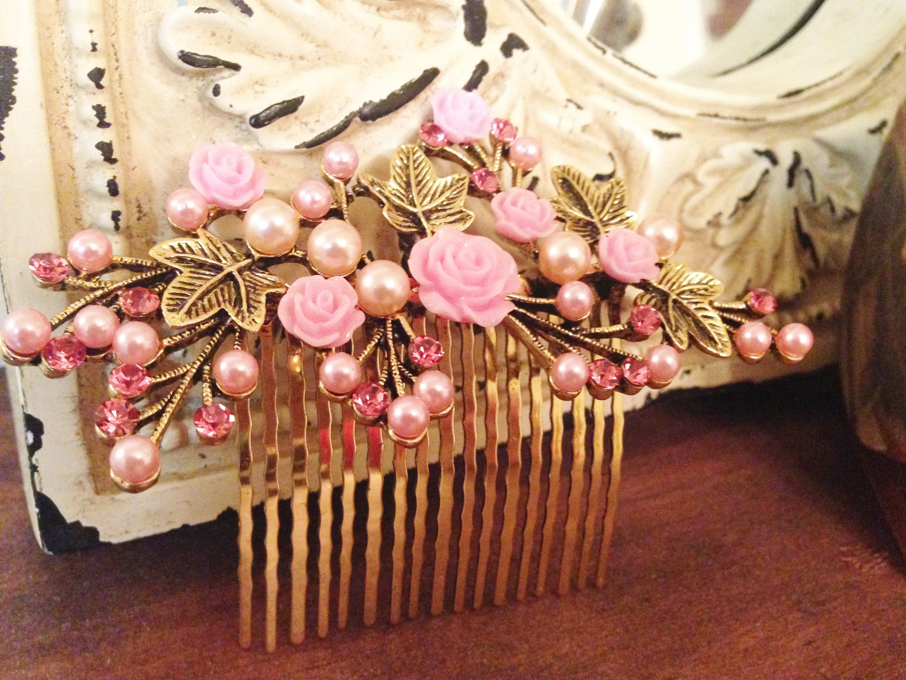 Sale! Pink Flower Hair Accessory, Pearl Hair comb, Gold hair accessory, Flower leaf hair comb, Wedding hair jewelry, Bridesmaid hair accesso