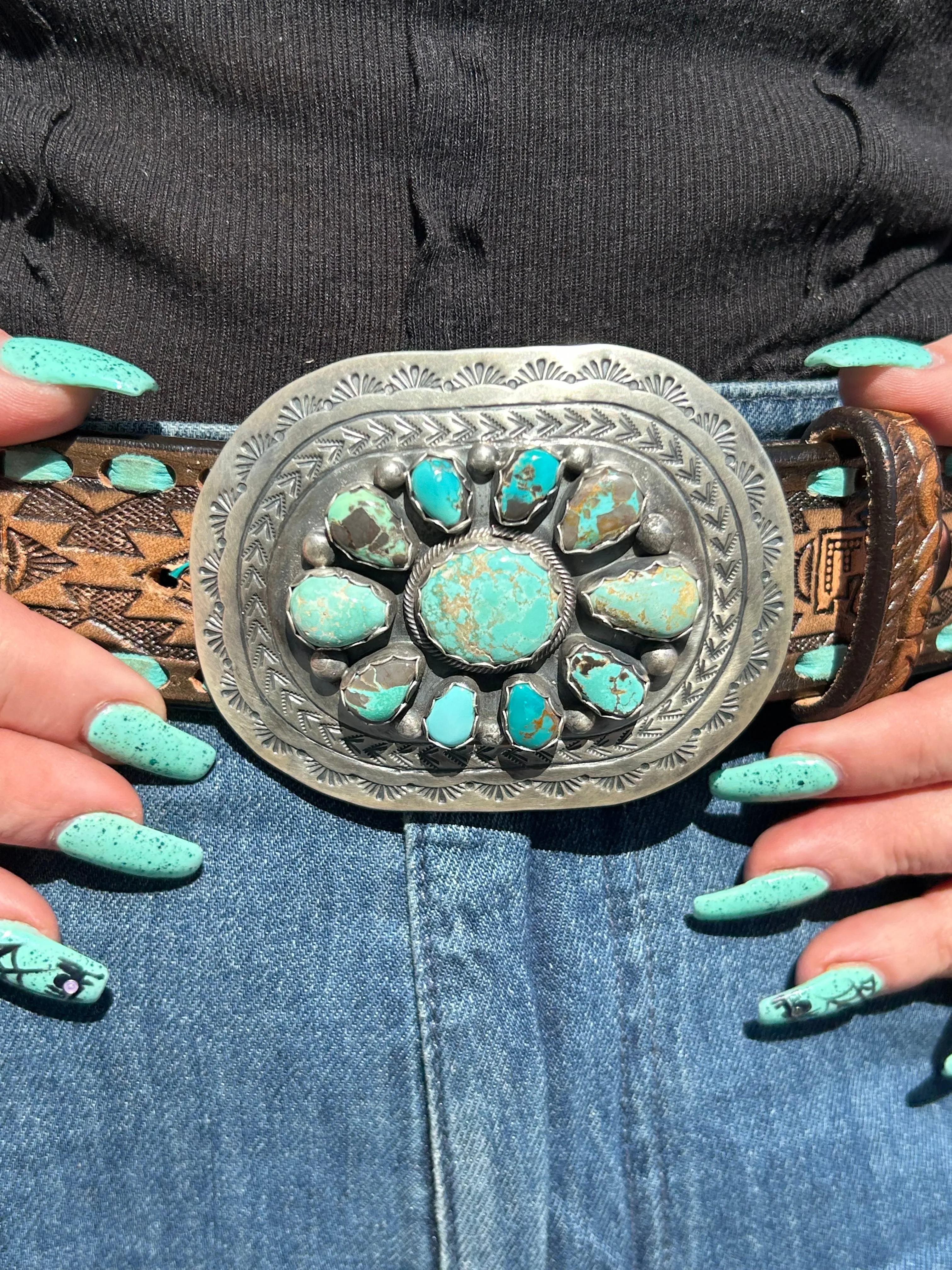 Stamped Turquoise Belt Buckle