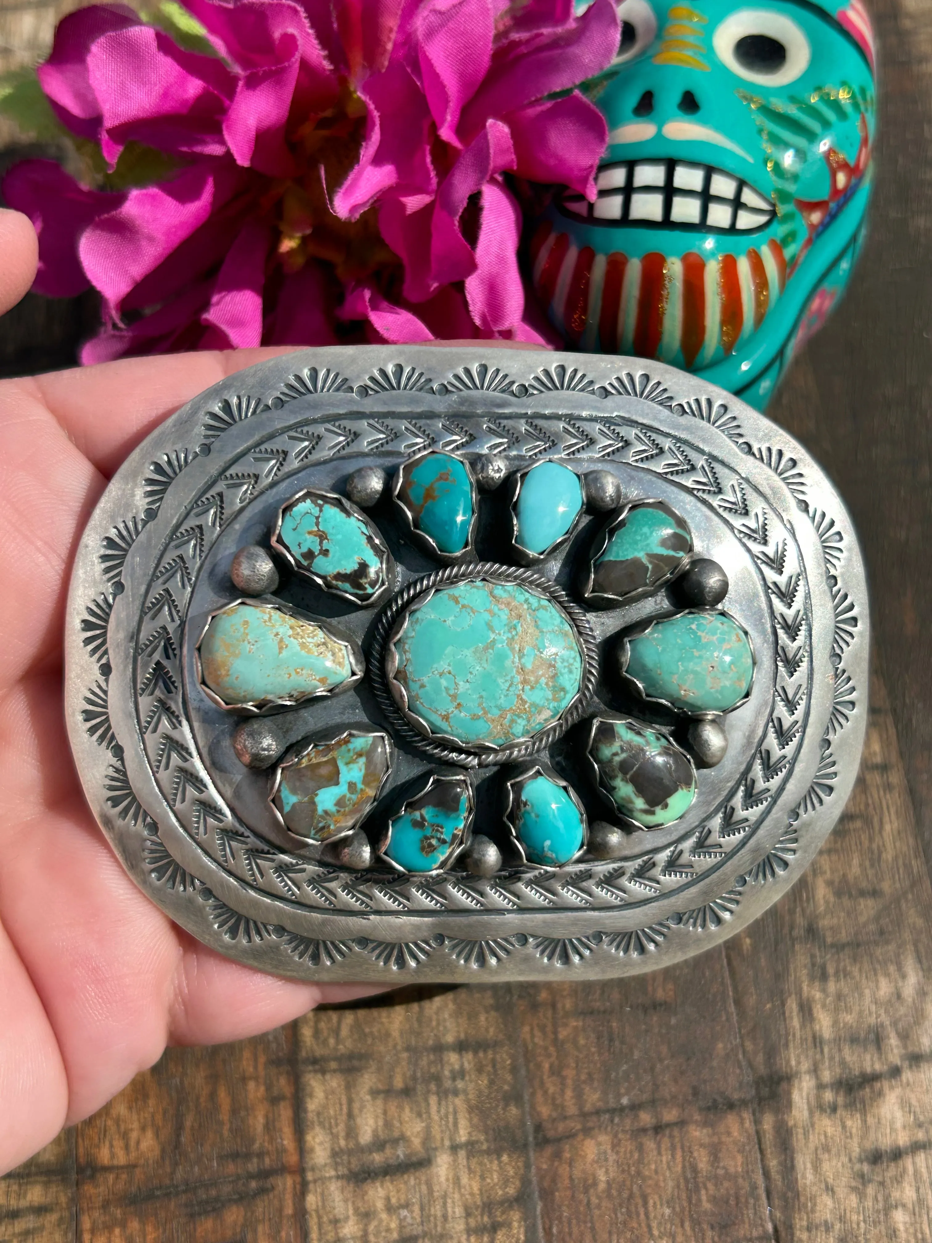 Stamped Turquoise Belt Buckle