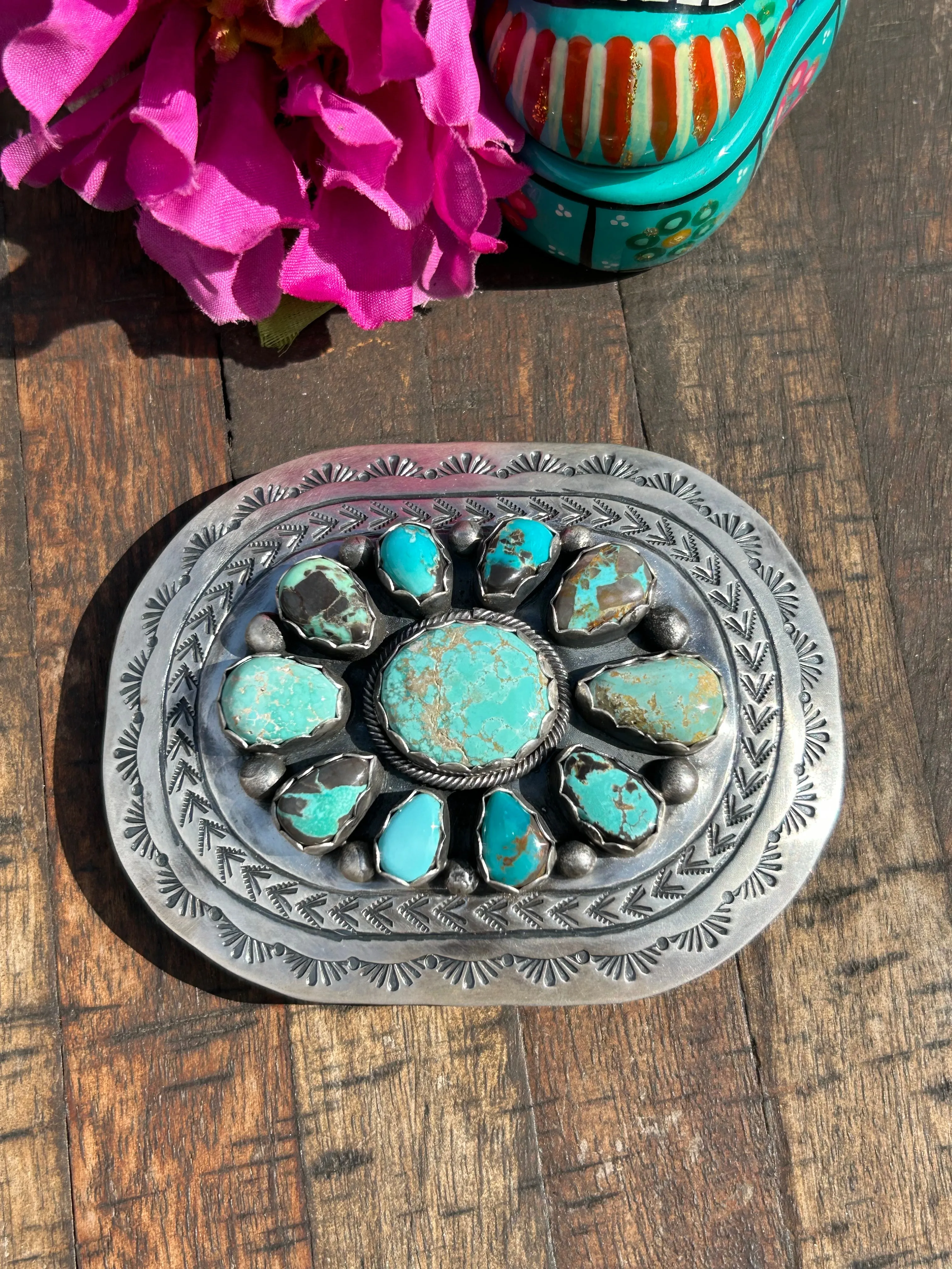 Stamped Turquoise Belt Buckle